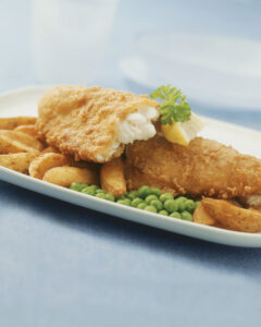 Cod, chips and peas