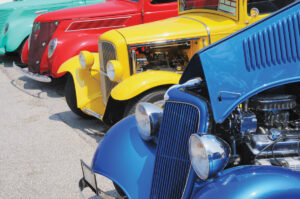 Line of Streetrod and Hotrod Cars at Car Show