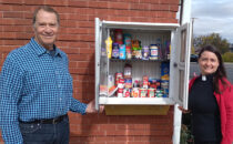 PHOTO COURTESY OF CHRISTINE SCHWEITZ The Gazette
	Winnebago’s First Presbyterian Church offers a “micropantry” for the community when they are in need. It is always available. Pictured with the small pantry are elder Terry Schweitz (left), who installed it for the church, and Pastor Lisa Lopez-Meyer.