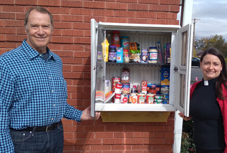 PHOTO COURTESY OF CHRISTINE SCHWEITZ The Gazette
	Winnebago’s First Presbyterian Church offers a “micropantry” for the community when they are in need. It is always available. Pictured with the small pantry are elder Terry Schweitz (left), who installed it for the church, and Pastor Lisa Lopez-Meyer.