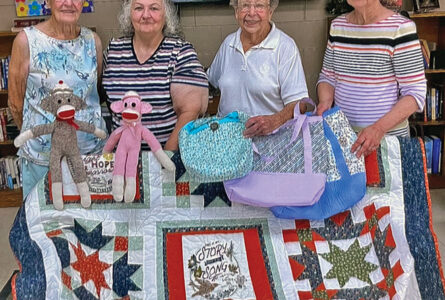 SUBMITTED PHOTO The Gazette
	From left: Sandra Elliott, Lola Moist, Vi Johns, and Martha Gale show off items you will see at the Nov. 9 Holiday House Bazaar at the Pecatonica United Methodist Women. Quilt raffle tickets are available now and they will draw at noon during the bazaar.