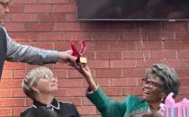 MARGARET DOWNING PHOTO The Journal
	Loves Park Mayor Greg Jury is shown presenting Marie with a glass heart for her service to the City of Loves Park. The glass heart: "Loves Park, the City with a Heart."