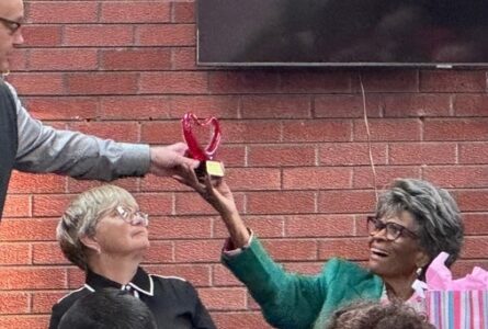 MARGARET DOWNING PHOTO The Journal
	Loves Park Mayor Greg Jury is shown presenting Marie with a glass heart for her service to the City of Loves Park. The glass heart: "Loves Park, the City with a Heart."
